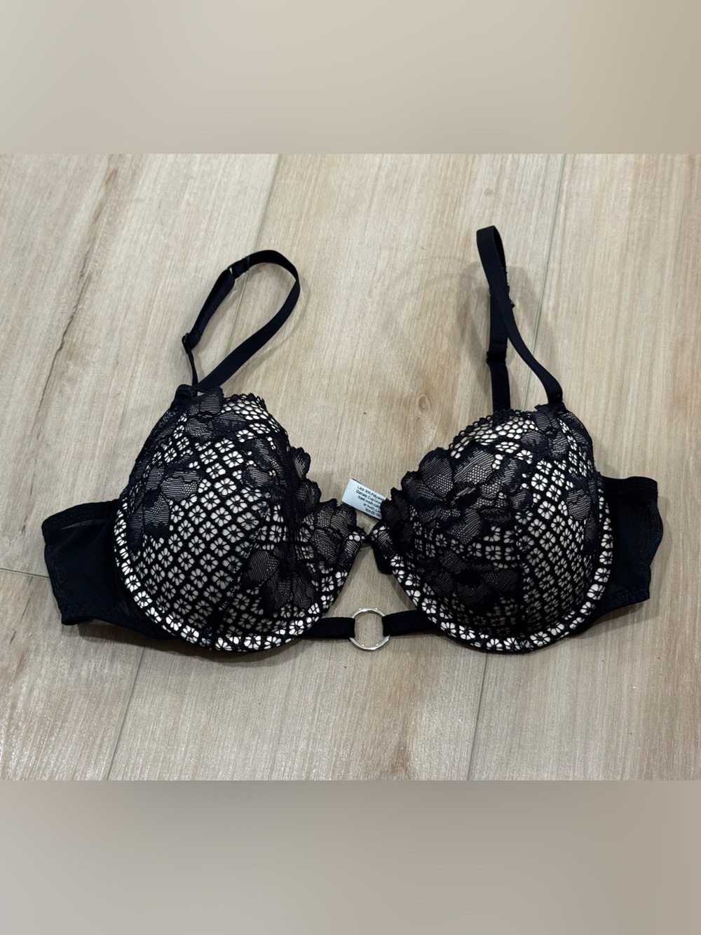 Parisian Intimates 34C Black Lace Push Up Underwire Bra O Ring Detail